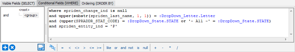 This image shows the Conditional Fields tab selected when using a Free Type Query.  The work area for manually entering a query is shown.